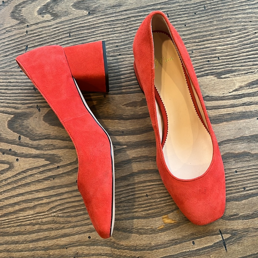 J. Crew Celia Bright Cerise (red/orange) Suede Block Heels in Size 9.
